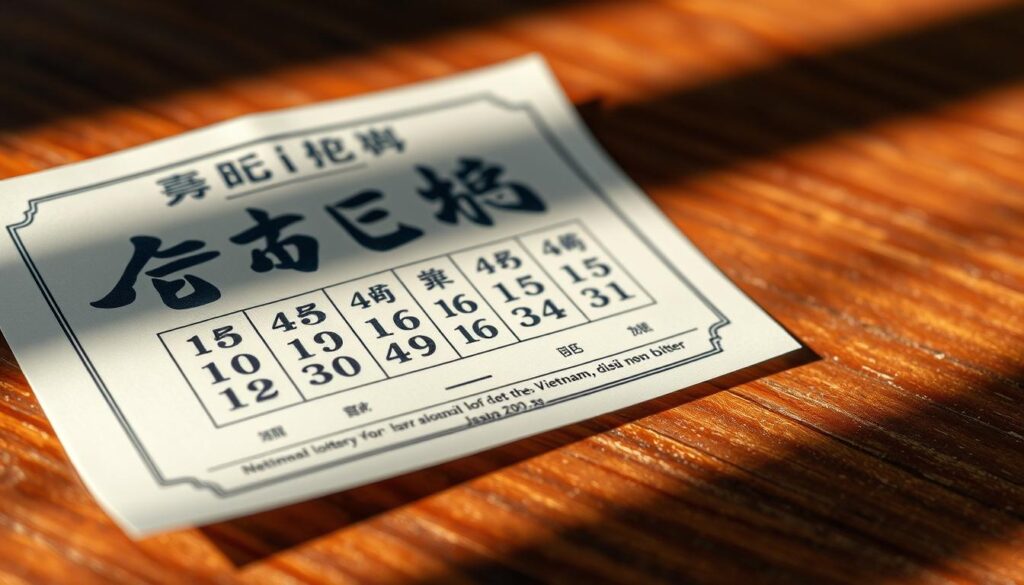 A detailed close-up of a lottery ticket for the North Vietnam lottery, displayed on a wooden surface. The ticket features elegant calligraphic numbers and symbols in shades of blue and gold, hinting at the ancient traditions and precision behind soi cầu, the practice of predicting winning lottery numbers. Soft natural lighting casts subtle shadows, creating a sense of depth and dimensionality. The overall mood is one of contemplation and reverence for the art of soi cầu, a practice deeply rooted in Vietnamese culture.