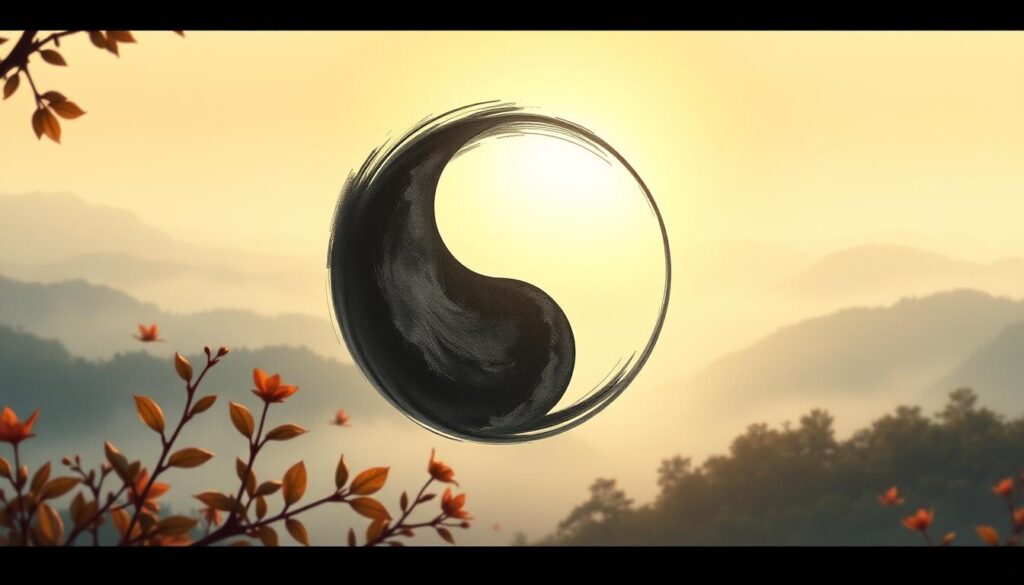 A detailed illustration of the principles of yin and yang, showcasing a harmonious balance of dark and light energies. Depicted on a tranquil landscape, the yin-yang symbol is rendered in elegant brushstrokes, with subtle gradients and textures that evoke traditional East Asian art. The foreground features delicately rendered leaves, petals, and natural elements, while the background subtly blends into a mist-shrouded vista, creating a sense of depth and serenity. The lighting is soft and diffused, casting a warm, meditative glow over the entire scene. The overall composition and color palette are designed to visually guide the viewer towards a deeper understanding of the fundamental duality that underlies the universe. A detailed illustration of the principles of yin and yang, showcasing a harmonious balance of dark and light energies. Depicted on a tranquil landscape, the yin-yang symbol is rendered in elegant brushstrokes, with subtle gradients and textures that evoke traditional East Asian art. The foreground features delicately rendered leaves, petals, and natural elements, while the background subtly blends into a mist-shrouded vista, creating a sense of depth and serenity. The lighting is soft and diffused, casting a warm, meditative glow over the entire scene. The overall composition and color palette are designed to visually guide the viewer towards a deeper understanding of the fundamental duality that underlies the universe.
