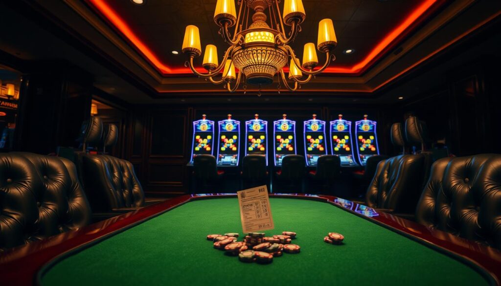A dimly lit, elegant casino interior with plush leather armchairs and a polished mahogany table. The table is adorned with a green felt surface, poker chips, and a single, solitary lottery ticket floating in the center. Overhead, a chandelier casts a warm, golden glow, illuminating the scene. In the background, a row of slot machines stand silent, their screens flickering with tantalizing symbols. The atmosphere is one of anticipation and cautious optimism, as if the moment before a winning streak begins. The camera angle is slightly low, emphasizing the tension and importance of the moment.
