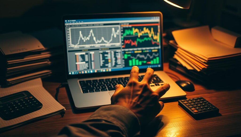 A dimly lit office desk, with a laptop displaying a complex data visualization, surrounded by stacks of documents and a calculator. In the foreground, a pair of hands intently analyzing the data, their fingers tracing patterns on the screen. The lighting is warm and focused, casting subtle shadows that accentuate the concentration on the task at hand. The overall atmosphere is one of deep contemplation and meticulous attention to detail, capturing the essence of "Phân tích dữ liệu bắt đề kép" - the effective analysis of data to uncover insightful patterns. A dimly lit office desk, with a laptop displaying a complex data visualization, surrounded by stacks of documents and a calculator. In the foreground, a pair of hands intently analyzing the data, their fingers tracing patterns on the screen. The lighting is warm and focused, casting subtle shadows that accentuate the concentration on the task at hand. The overall atmosphere is one of deep contemplation and meticulous attention to detail, capturing the essence of "Phân tích dữ liệu bắt đề kép" - the effective analysis of data to uncover insightful patterns.