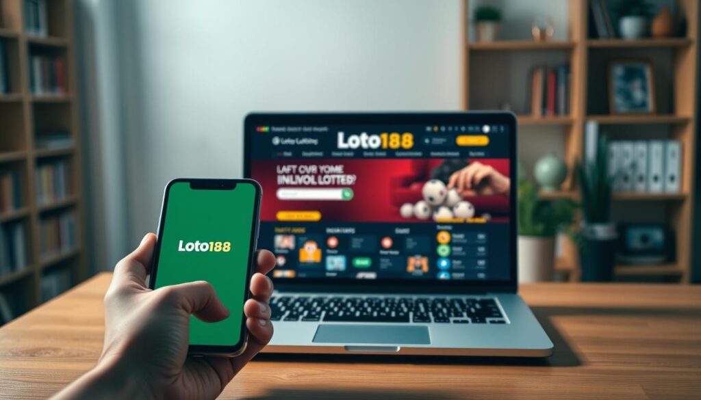 A serene and inviting online gambling scene, featuring a laptop displaying the Loto188 website on a wooden desk. In the foreground, a hand holds a smartphone, showcasing the Loto188 mobile app. Subtle lighting casts a warm glow, creating a comfortable and trustworthy atmosphere. The background depicts a tranquil home office setting, with bookshelves and potted plants, suggesting the convenience and security of playing the lottery from the comfort of one's own space. The overall composition conveys the benefits of Loto188's online lottery platform - accessible, reliable, and tailored to the modern user's needs. A serene and inviting online gambling scene, featuring a laptop displaying the Loto188 website on a wooden desk. In the foreground, a hand holds a smartphone, showcasing the Loto188 mobile app. Subtle lighting casts a warm glow, creating a comfortable and trustworthy atmosphere. The background depicts a tranquil home office setting, with bookshelves and potted plants, suggesting the convenience and security of playing the lottery from the comfort of one's own space. The overall composition conveys the benefits of Loto188's online lottery platform - accessible, reliable, and tailored to the modern user's needs.