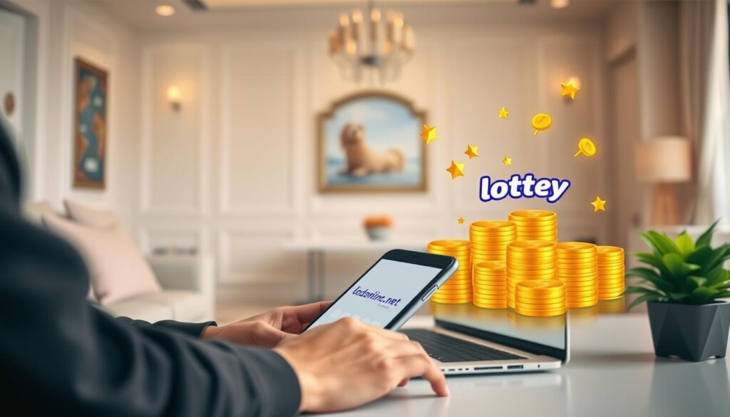 A serene and inviting online lottery scene. In the foreground, a person comfortably sits at a desk, laptop open, hand hovering over a sleek, minimalist mobile device displaying the lodeonline.in.net interface. The middle ground showcases stacks of gold coins and glittering jackpot symbols, conveying the potential rewards of participating. The background features a tranquil, elegant interior with soft lighting, evoking a sense of trust and reliability. The overall atmosphere is one of ease, security, and the promise of lucrative returns, enticing the viewer to explore the benefits of online lottery engagement.