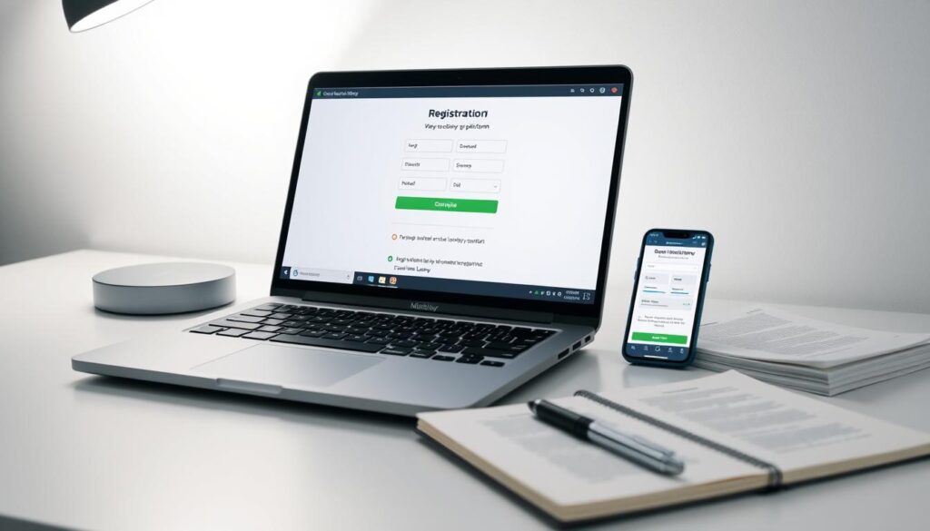 A sleek, minimalist desktop workspace with a laptop, smartphone, and notebook neatly arranged. The laptop screen displays a step-by-step registration process for an online lottery platform, with clear icons and intuitive UI. Soft, diffused lighting illuminates the scene, creating a calming, professional atmosphere. The smartphone displays a mobile app interface for the same lottery platform, showcasing its user-friendly design. A stack of legal documents and a stylish pen complete the setup, suggesting a secure and trustworthy online gaming experience. A sleek, minimalist desktop workspace with a laptop, smartphone, and notebook neatly arranged. The laptop screen displays a step-by-step registration process for an online lottery platform, with clear icons and intuitive UI. Soft, diffused lighting illuminates the scene, creating a calming, professional atmosphere. The smartphone displays a mobile app interface for the same lottery platform, showcasing its user-friendly design. A stack of legal documents and a stylish pen complete the setup, suggesting a secure and trustworthy online gaming experience.