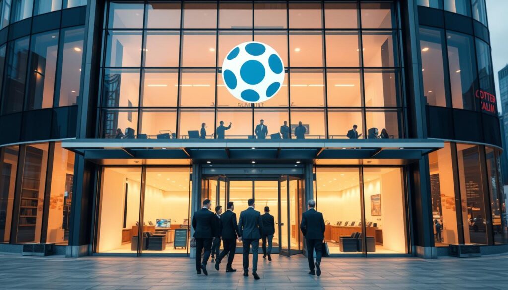 A sleek, modern office building with a sophisticated facade of glass and steel, prominently displaying the logo of a reputable online lottery provider. The building is bathed in warm, ambient lighting, conveying a sense of professionalism and trustworthiness. In the foreground, a group of smartly dressed individuals enter the building, suggesting a thriving and reputable business operation. The background features a bustling city skyline, hinting at the company's nationwide reach and prominence. The overall scene exudes an air of reliability, security, and a commitment to providing a seamless and trustworthy online gambling experience. A sleek, modern office building with a sophisticated facade of glass and steel, prominently displaying the logo of a reputable online lottery provider. The building is bathed in warm, ambient lighting, conveying a sense of professionalism and trustworthiness. In the foreground, a group of smartly dressed individuals enter the building, suggesting a thriving and reputable business operation. The background features a bustling city skyline, hinting at the company's nationwide reach and prominence. The overall scene exudes an air of reliability, security, and a commitment to providing a seamless and trustworthy online gambling experience.