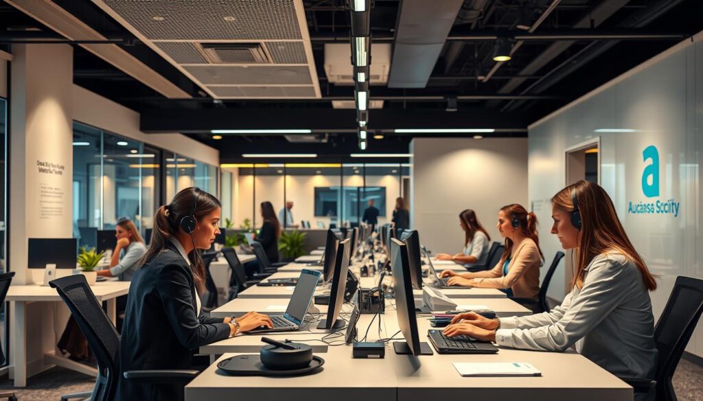 A sleek, modern office interior with professional customer service representatives assisting clients at their desks. The lighting is warm and inviting, with a mix of natural light and soft overhead fixtures. The desks are arranged in a layout that encourages collaboration and open communication. The representatives wear formal attire and have a welcoming, attentive demeanor as they interact with customers. In the background, a clean, minimalist design aesthetic with subtle branding elements creates a cohesive, high-quality visual experience. The overall atmosphere conveys a sense of efficiency, reliability, and a customer-centric approach to service. A sleek, modern office interior with professional customer service representatives assisting clients at their desks. The lighting is warm and inviting, with a mix of natural light and soft overhead fixtures. The desks are arranged in a layout that encourages collaboration and open communication. The representatives wear formal attire and have a welcoming, attentive demeanor as they interact with customers. In the background, a clean, minimalist design aesthetic with subtle branding elements creates a cohesive, high-quality visual experience. The overall atmosphere conveys a sense of efficiency, reliability, and a customer-centric approach to service.