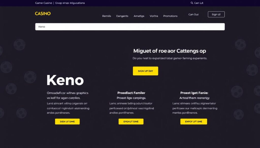 A sleek, modern online casino website with a bold, minimalist design. The homepage features a prominent "Keno" section, showcasing the game's vibrant graphics and user-friendly interface. The layout is clean and intuitive, with clear calls-to-action for signing up and exploring promotions. In the background, a subtle pattern of stylized keno balls adds a touch of playfulness. The overall impression is one of trustworthiness, professionalism, and a commitment to providing an exceptional gaming experience.