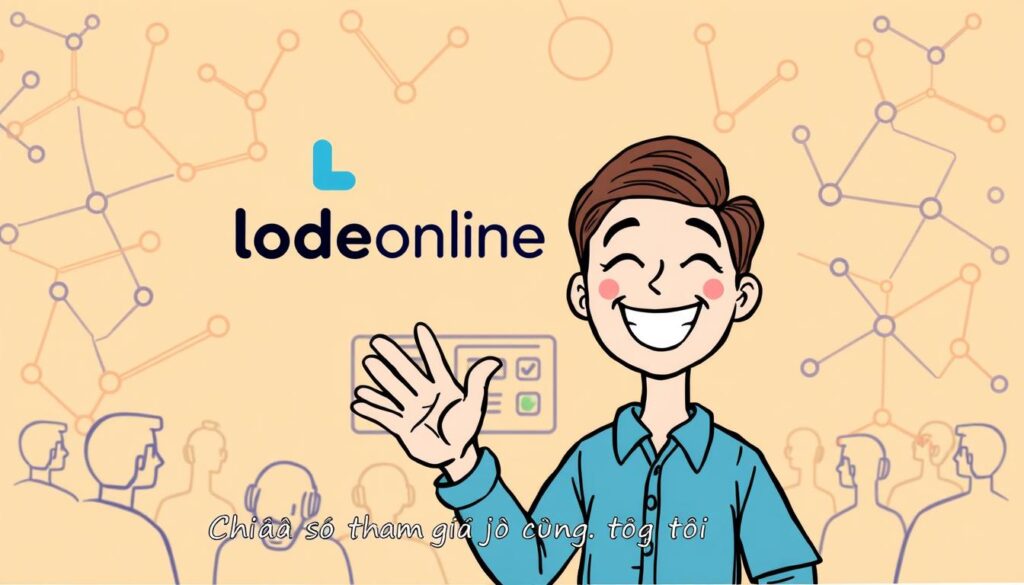A vibrant, hand-drawn user review illustration for lodeonline.in.net. In the foreground, a friendly avatar cheerfully shares their positive experience, gesturing enthusiastically. The middle ground features a stylized lodeonline logo and interface elements, conveying the digital platform. In the background, a warm, abstract pattern of interconnected shapes and lines suggests the concept of community and collaboration. The overall mood is inviting, energetic, and visually engaging, reflecting the "Chia sẻ tham gia cùng chúng tôi" section of the article. A vibrant, hand-drawn user review illustration for lodeonline.in.net. In the foreground, a friendly avatar cheerfully shares their positive experience, gesturing enthusiastically. The middle ground features a stylized lodeonline logo and interface elements, conveying the digital platform. In the background, a warm, abstract pattern of interconnected shapes and lines suggests the concept of community and collaboration. The overall mood is inviting, energetic, and visually engaging, reflecting the "Chia sẻ tham gia cùng chúng tôi" section of the article.
